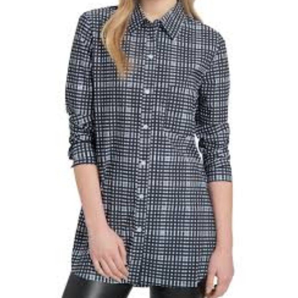 Lysse Black and White Print Shiffer Button Down Shirt Top Size Medium Style 1470